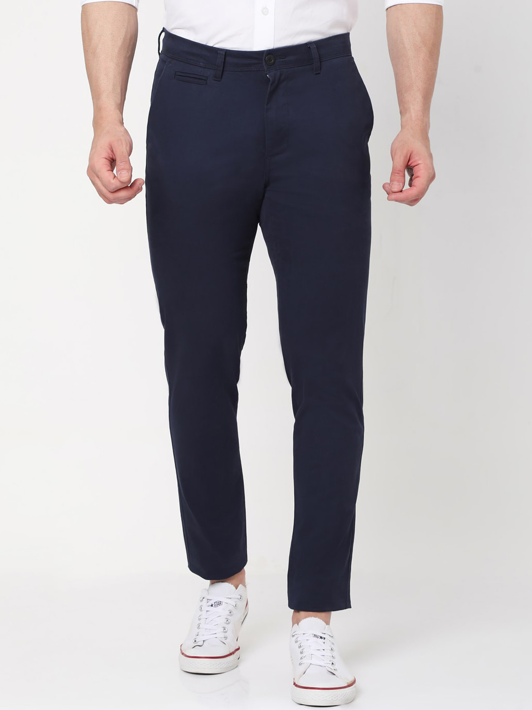 MERCHANT MARINE Men Navy Blue Solid Slim Fit Trousers