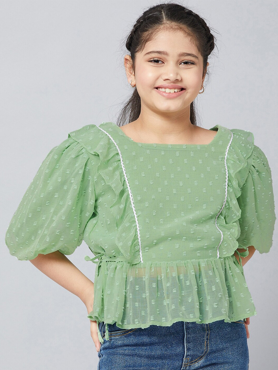 Stylo Bug Green Ruffles Chiffon Peplum Top
