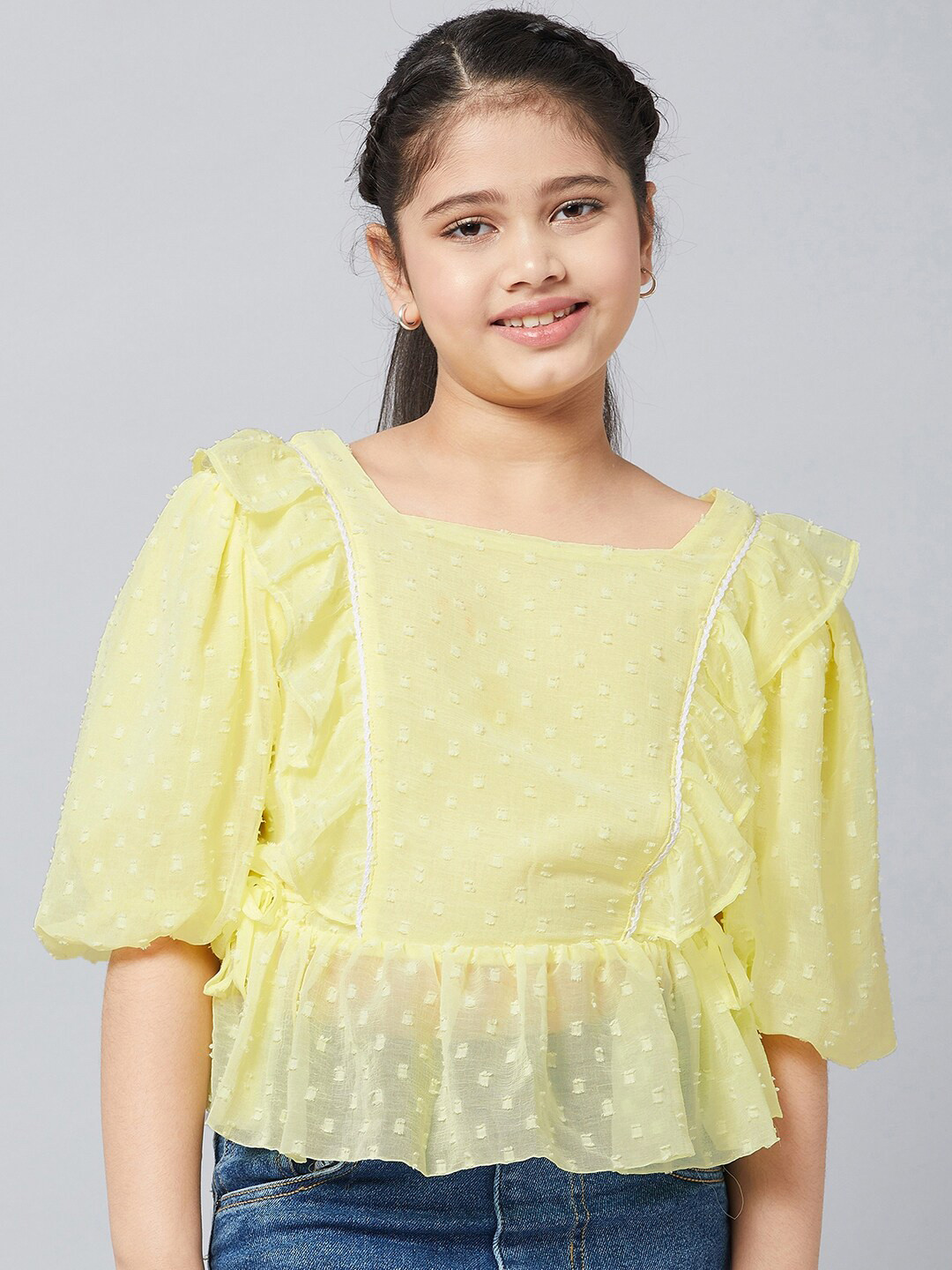 Stylo Bug Yellow Self Design Ruffles Chiffon Top