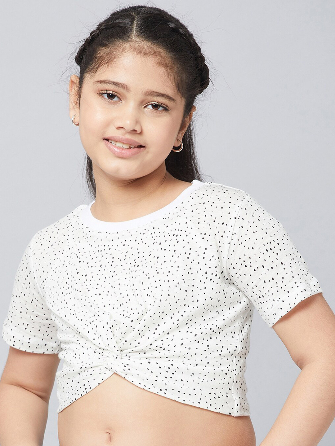 Stylo Bug White Print Cinched Waist Crop Top