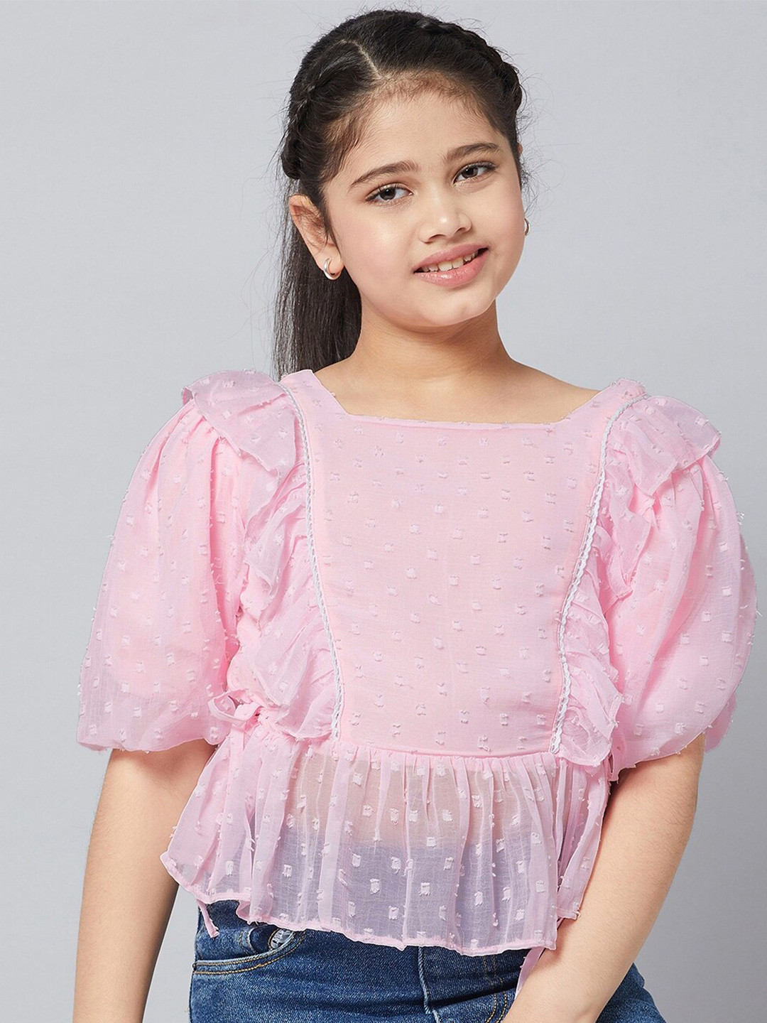 Stylo Bug Girls Pink Self Design Chiffon Top