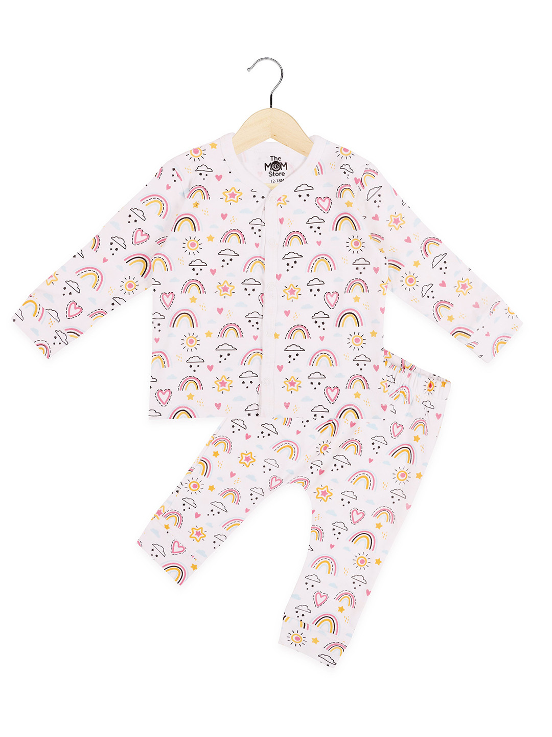 The Mom Store Kids White & Pink Printed Cotton Top with Pyjamas