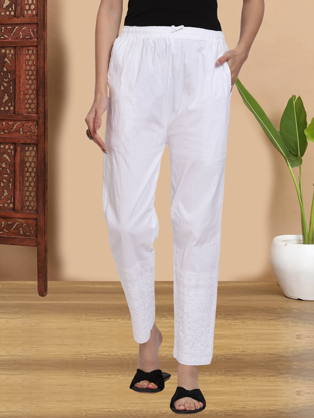 PARAMOUNT CHIKAN Women White Chikankari Cotton Palazzos