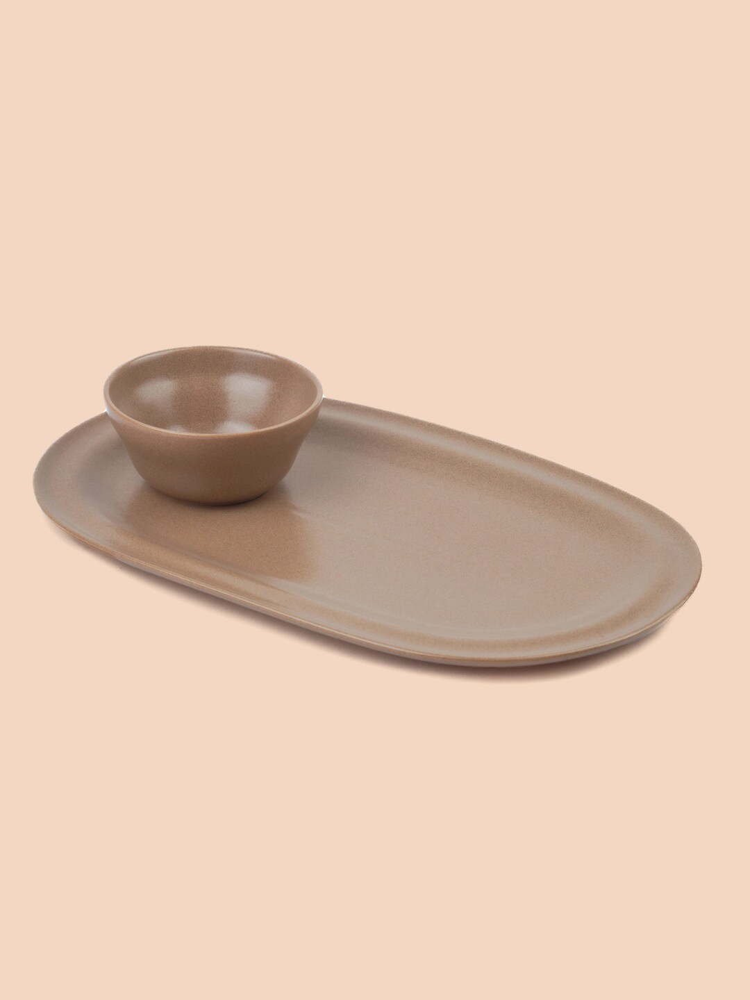SHAY Brown Porcelain Serving Platter with Dip Bowl
