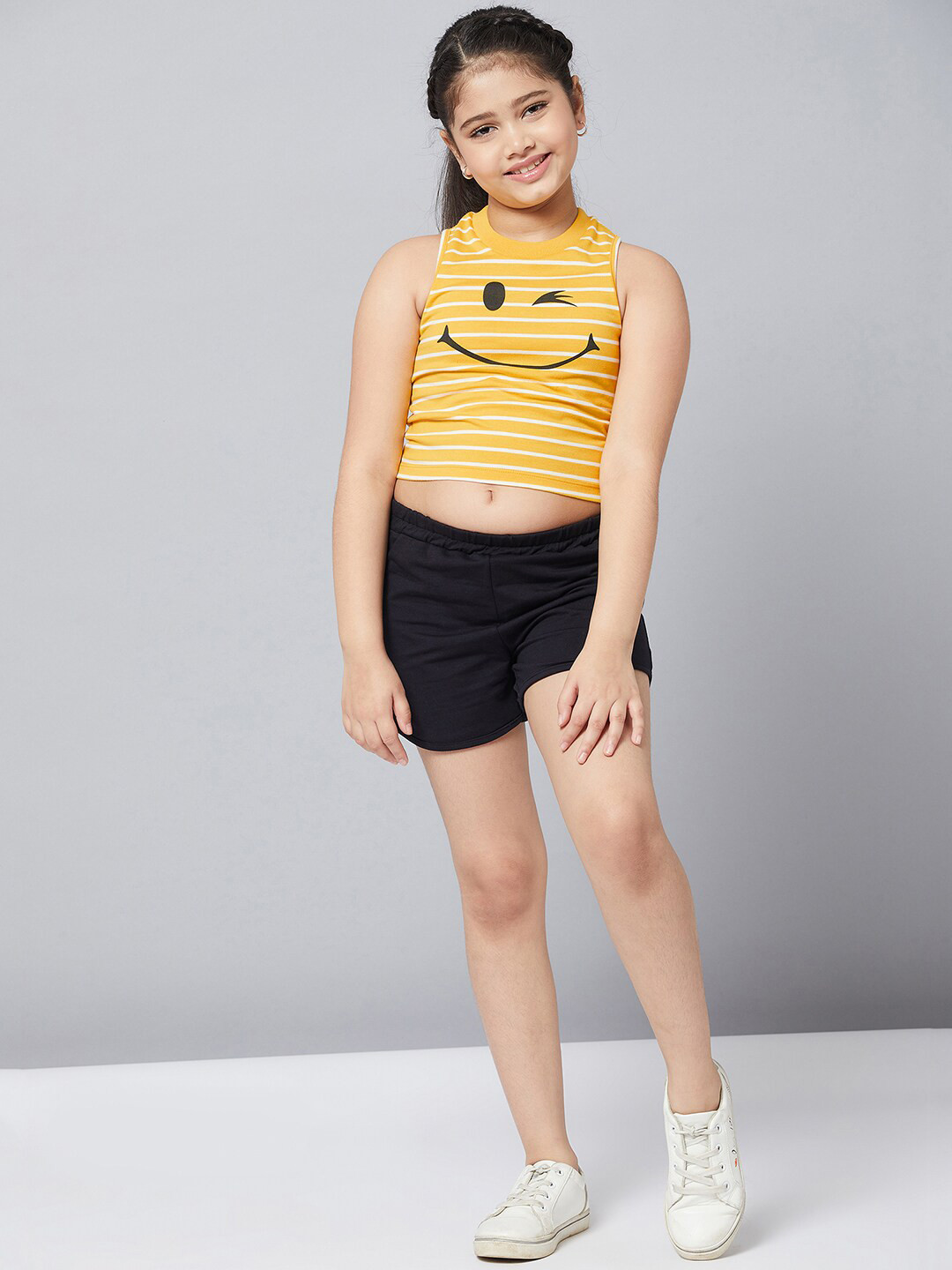 Stylo Bug Girls Yellow & Black Set of 2 Striped Cotton Blend T-shirt Shorts Clothing Set