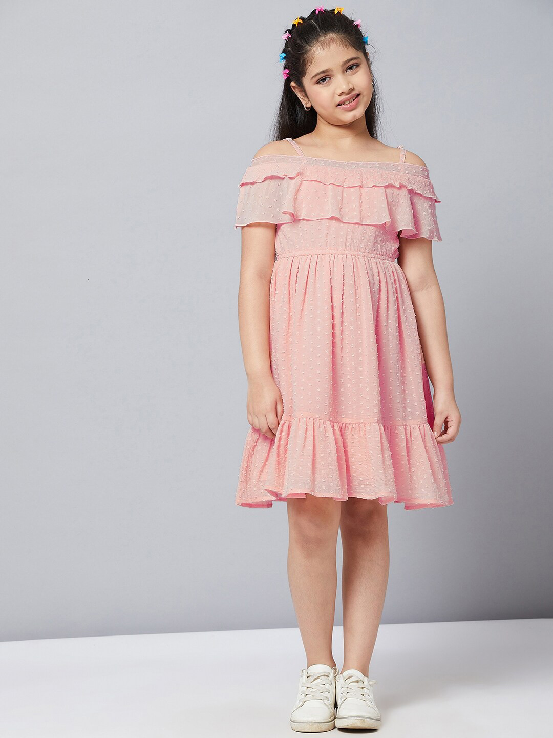 Stylo Bug Peach-Coloured Off-Shoulder Chiffon A-Line Dress