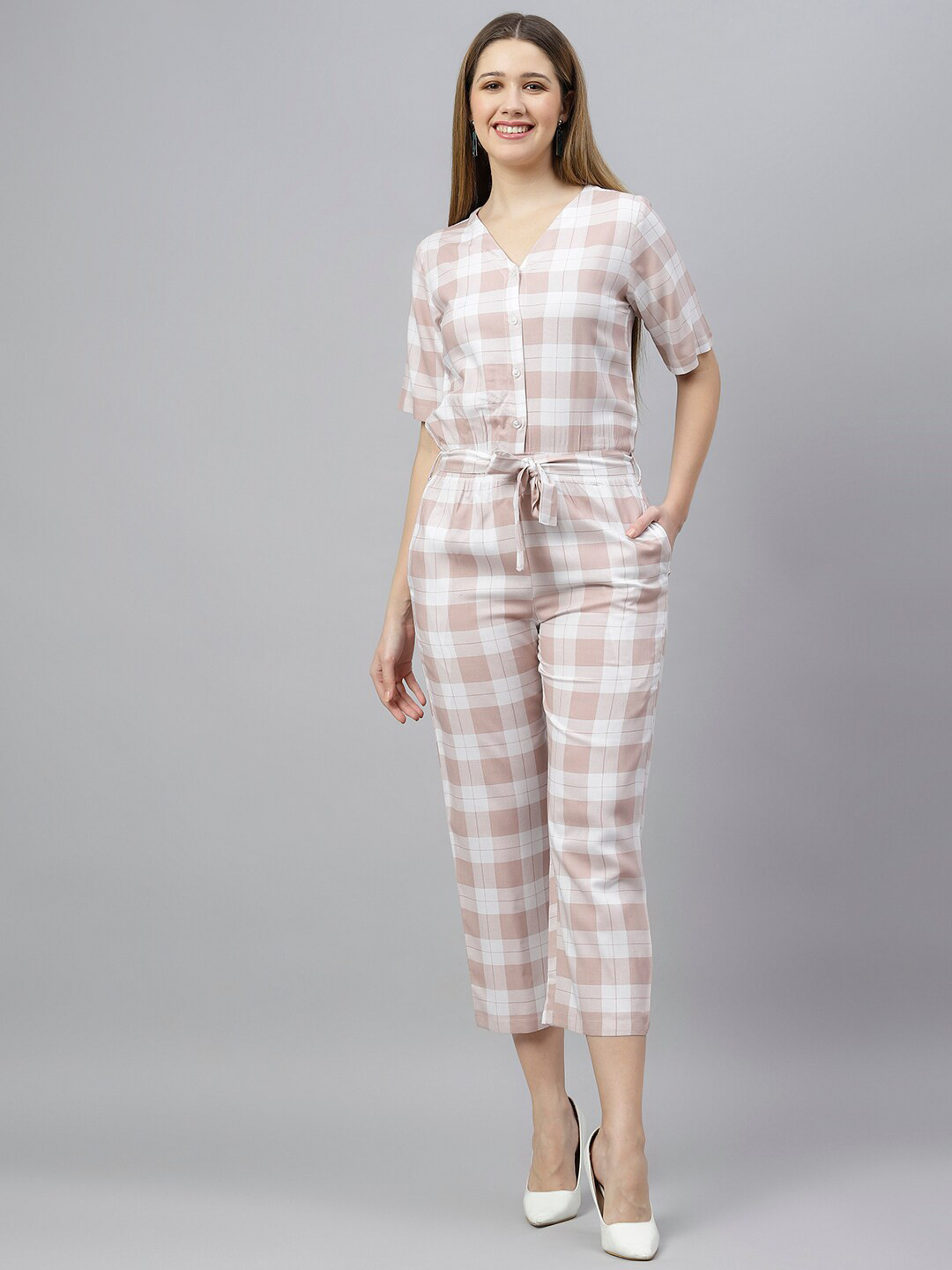 FLAMBOYANT Women Brown & White Checked V-neck Basic Jumpsuit