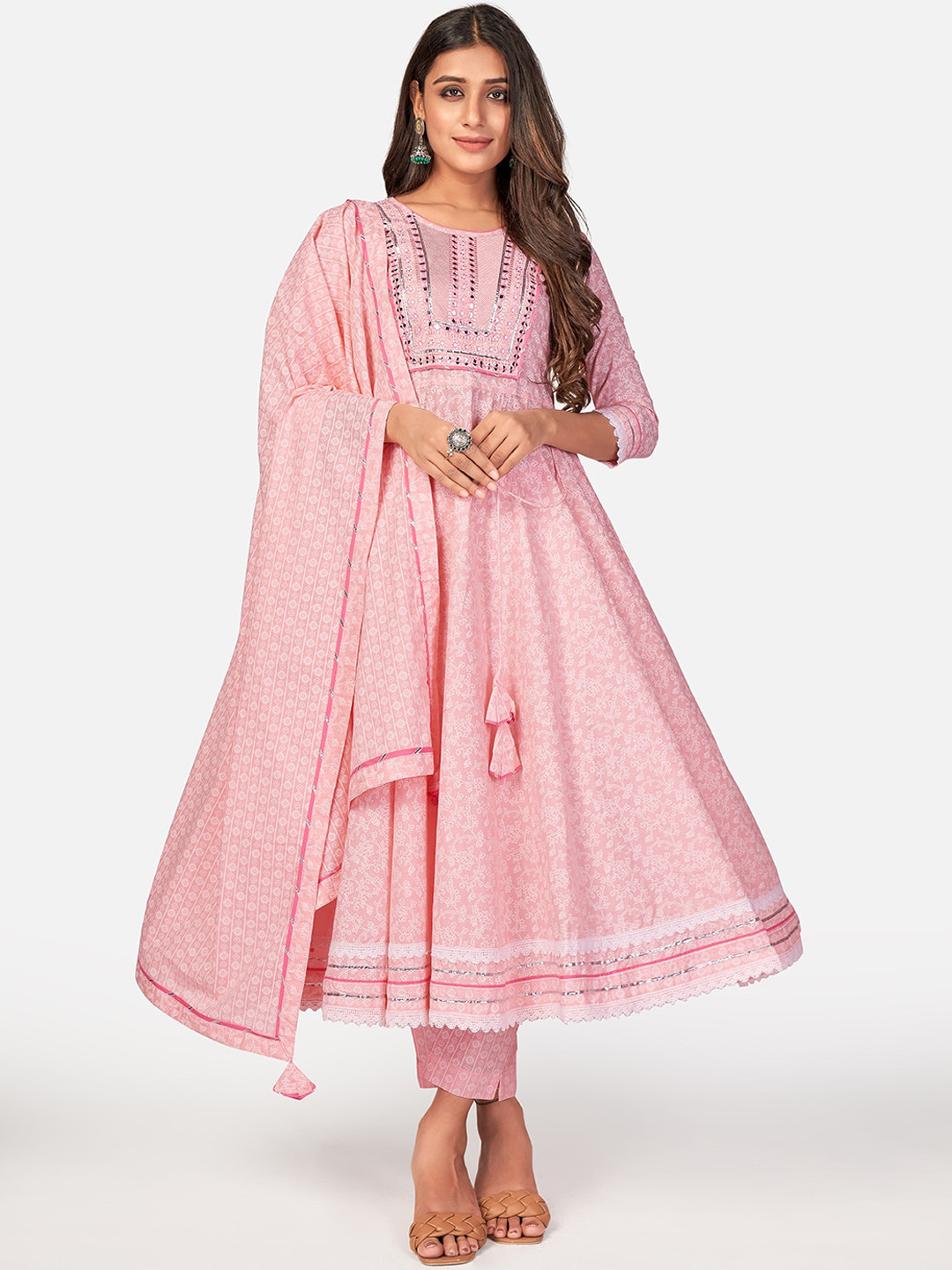 Vbuyz Women Pink Ethnic Motifs Printed Empire Mirror Work Pure Cotton Kurti with Churidar & With Dupatta