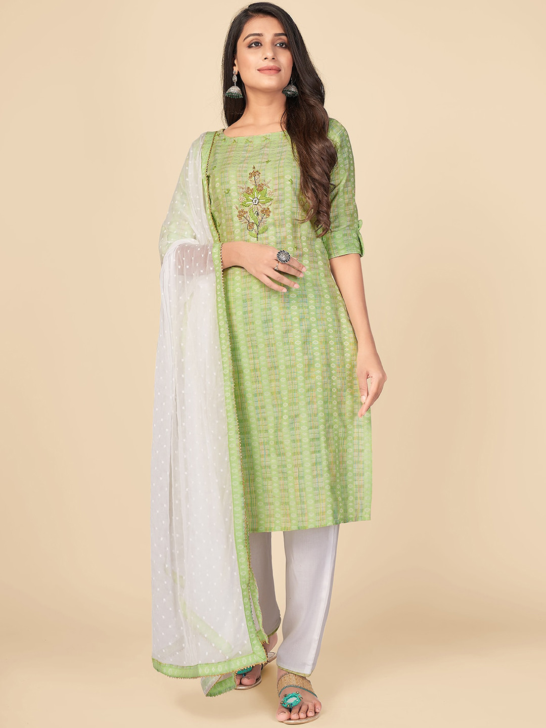 Vbuyz Women Green Ethnic Motifs Embroidered Thread Work Pure Cotton Kurti with Trousers & With Dupatta
