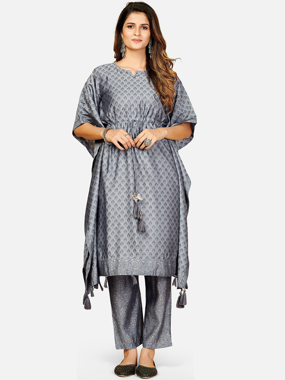 Vbuyz Women Grey Printed Kurti with Palazzos & With Dupatta