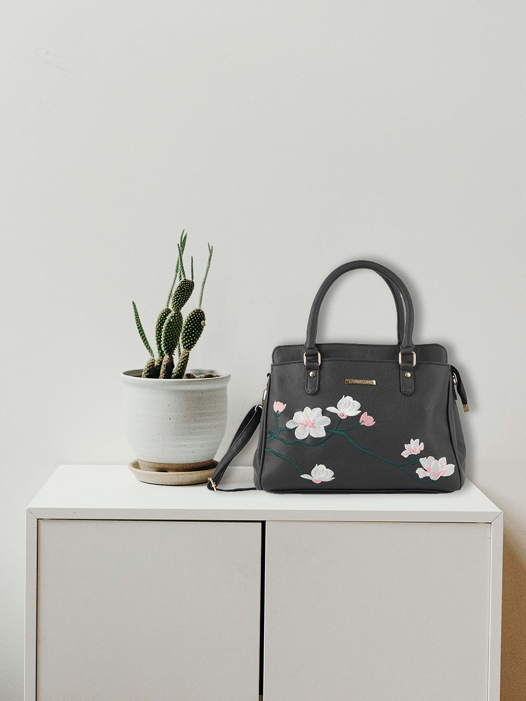 Lapis O Lupo Women Black & White Floral Printed Structured Handheld Bag