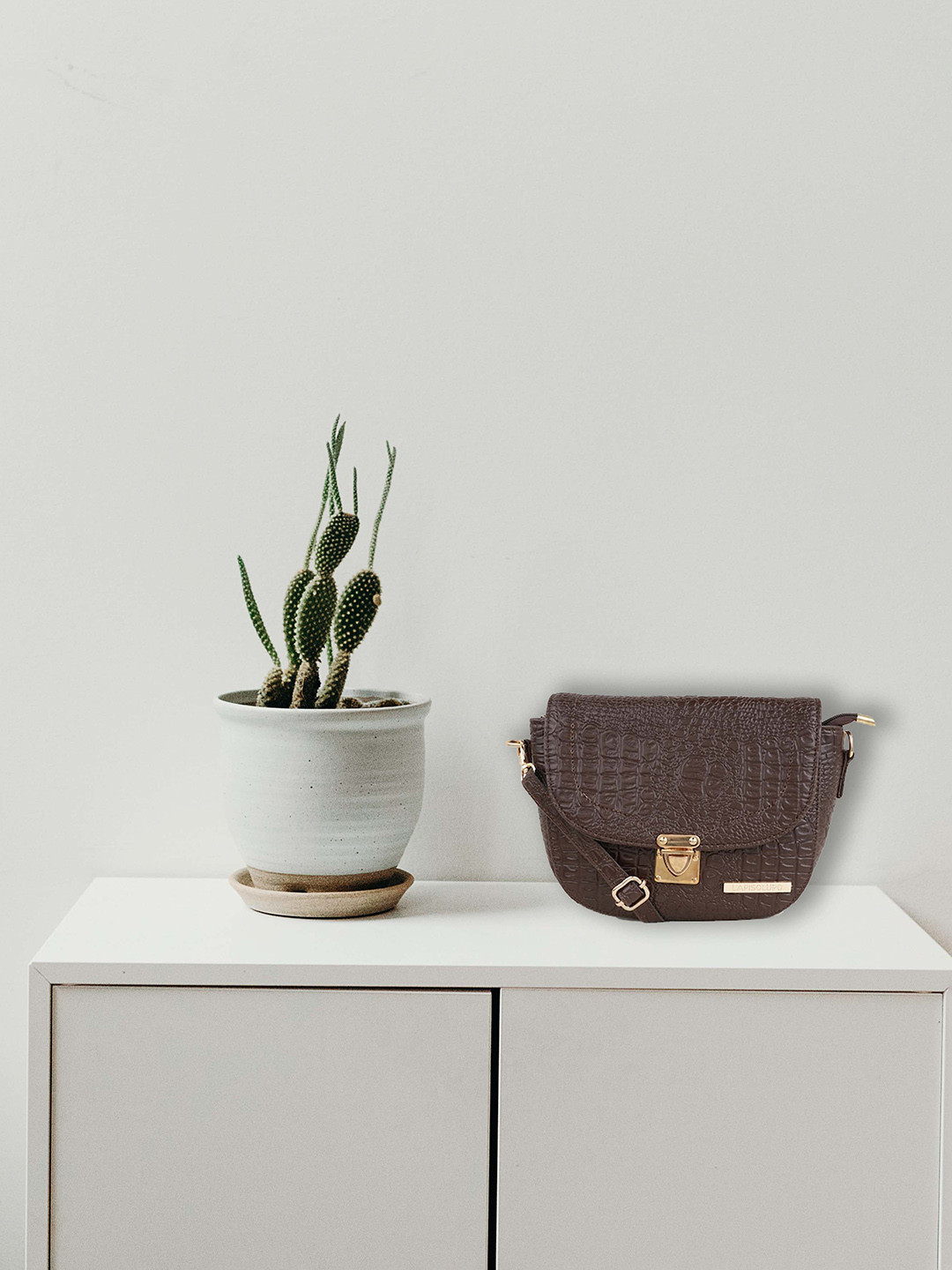 Lapis O Lupo Tan Textured Structured Sling Bag with Cut Work