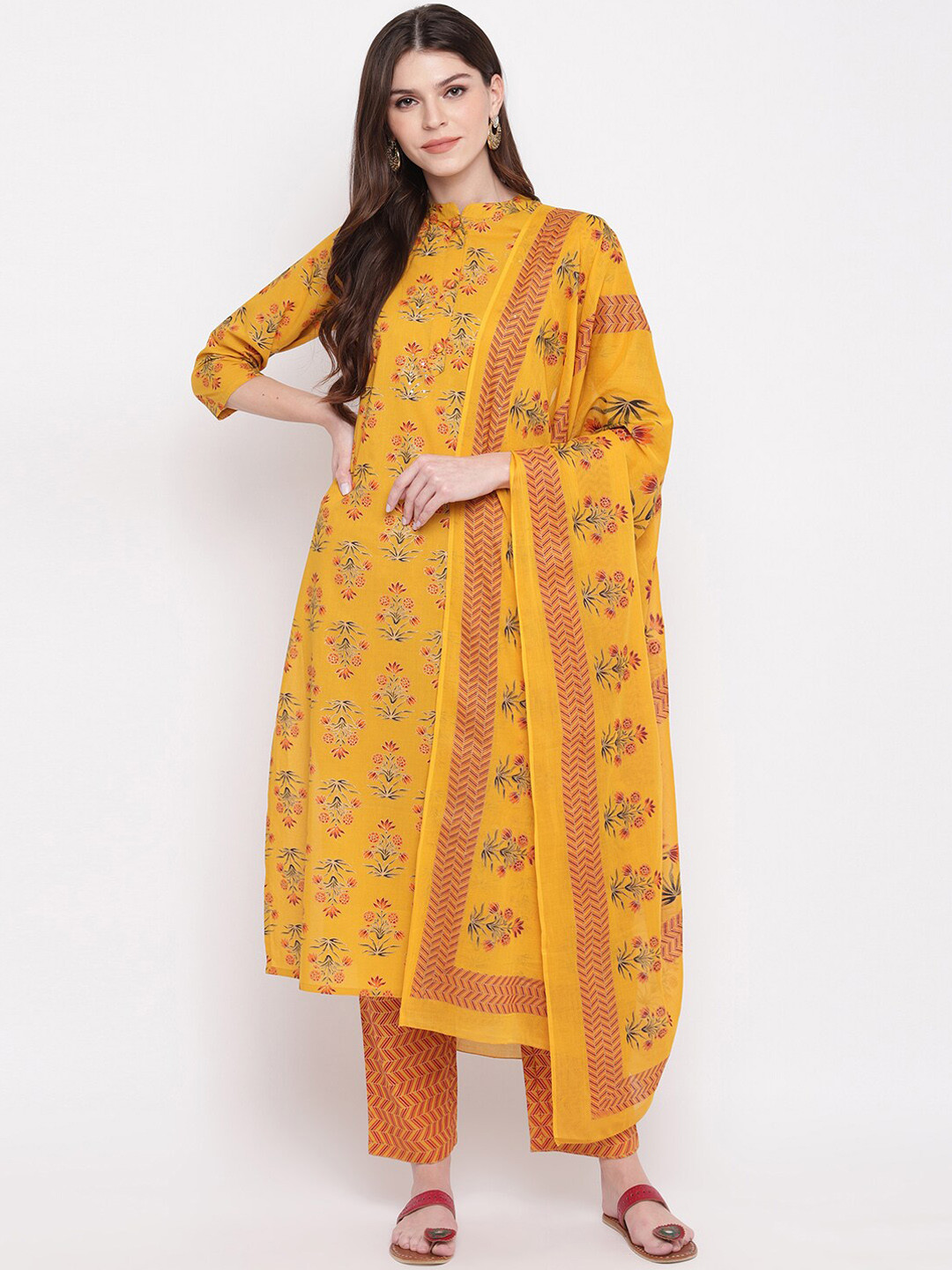 Vbuyz Women Yellow Ethnic Motifs Printed Sequinned Pure Cotton Kurta with Trousers & With Dupatta