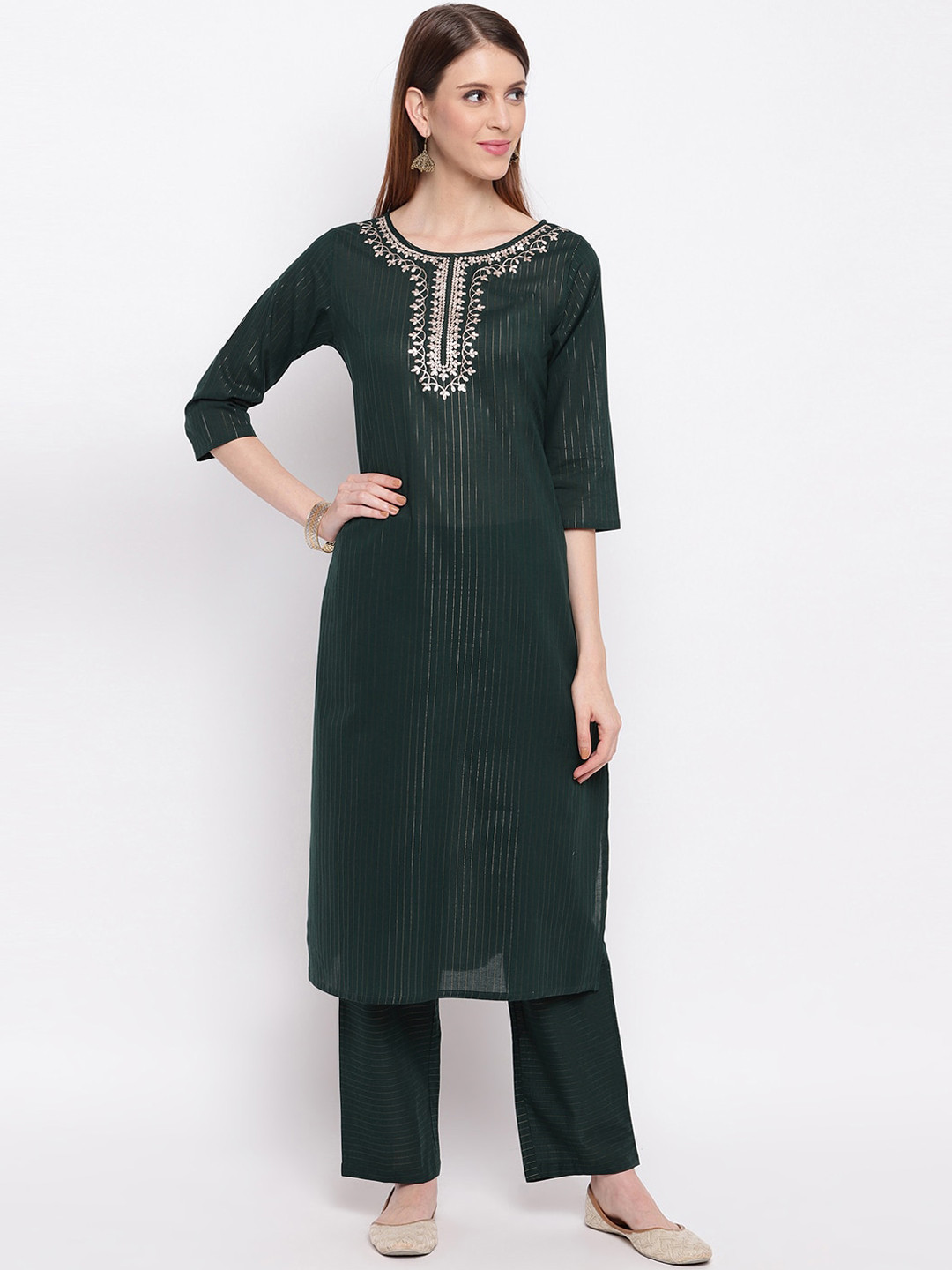 Vbuyz Women Green Yoke Design Pure Cotton Kurti with Palazzos