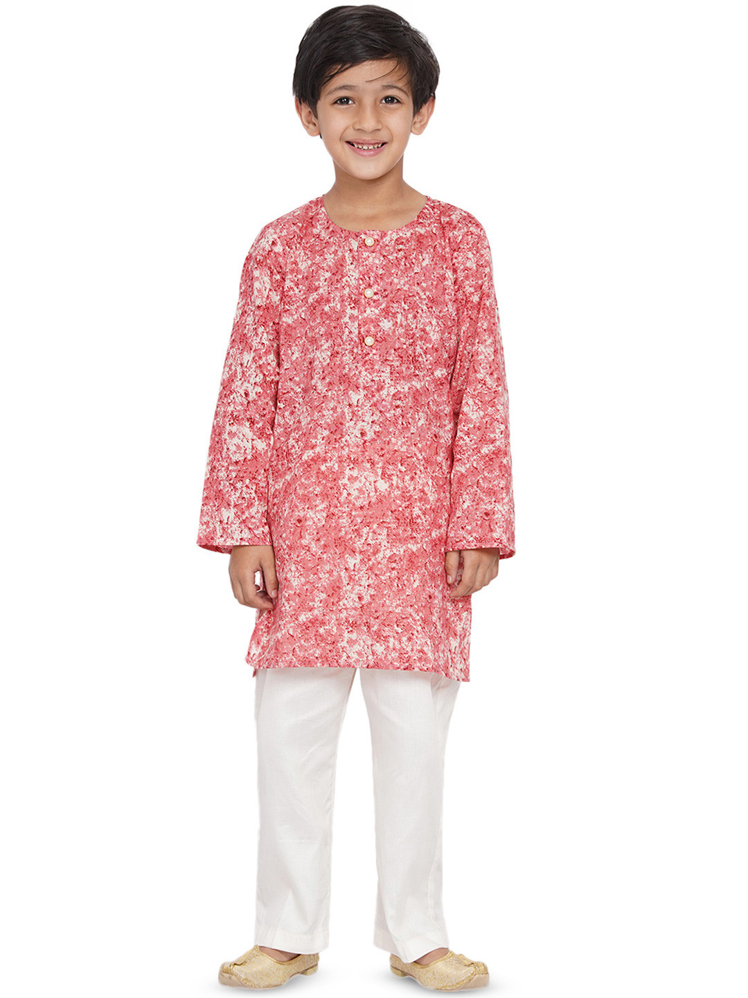 Little Bansi Boys Red Marble Printed Round Neck Straight Kurta with Trousers