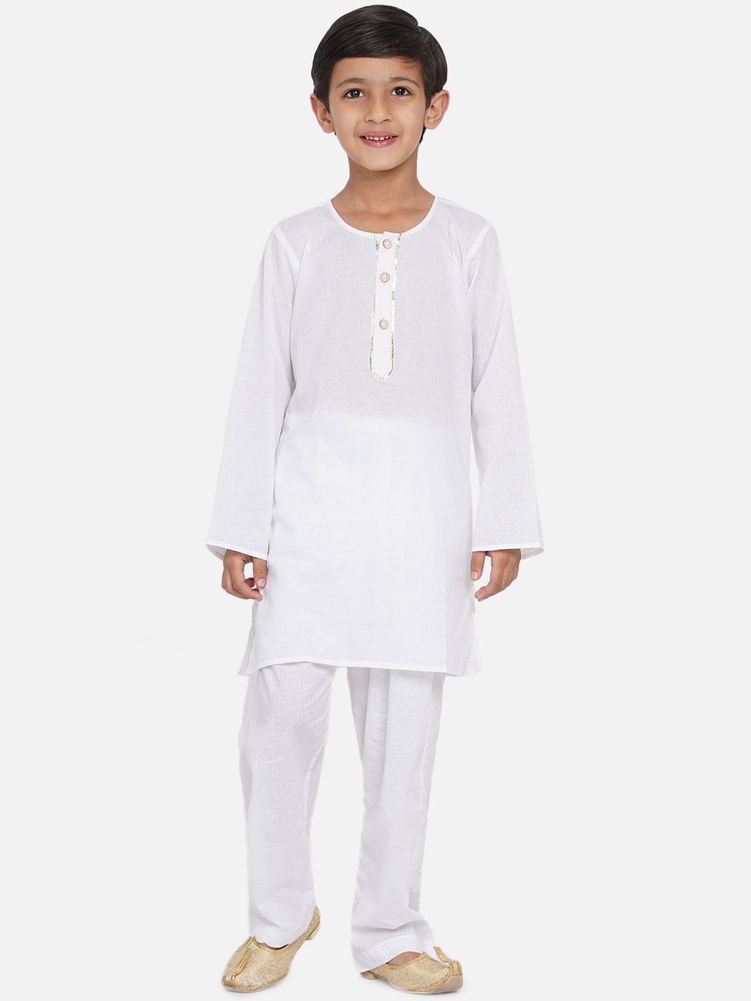 Little Bansi Boys White Solid Round Neck Straight Kurta with Trousers
