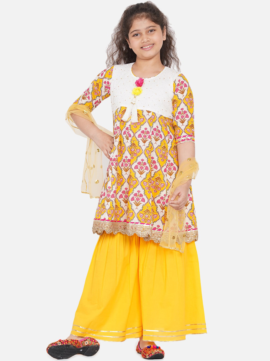 Little Bansi Girls Yellow & Pink Floral Print Kurti with Sharara & Dupatta