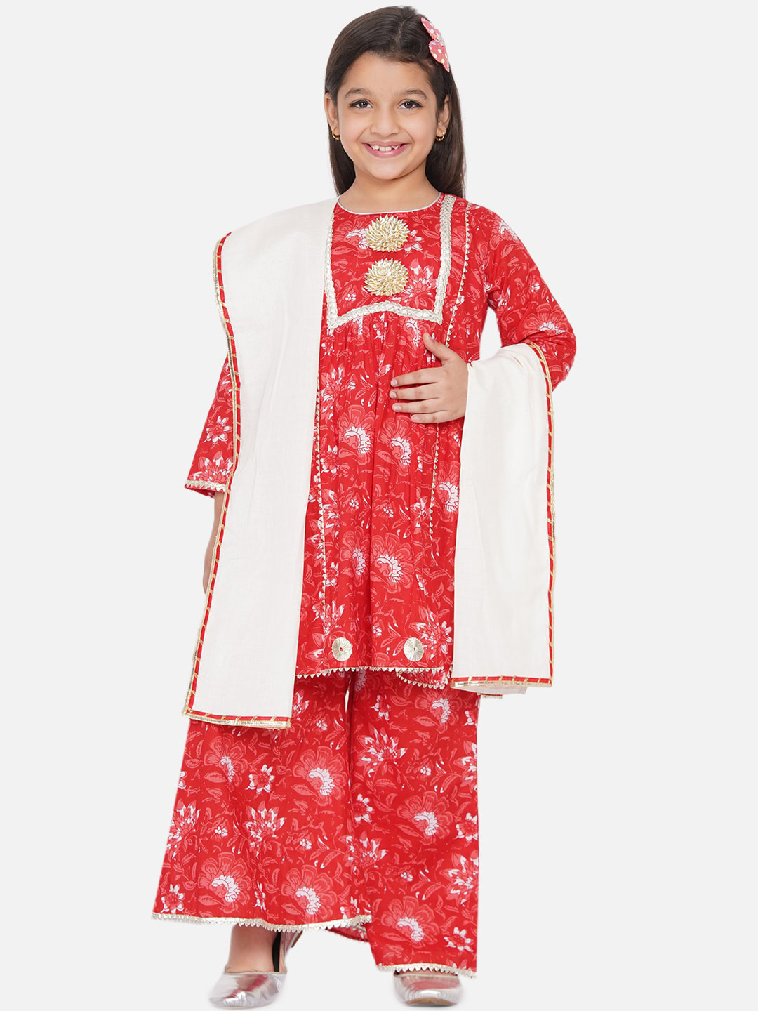 Little Bansi Girls Red Ethnic Motifs Printed Gotta Patti Kurta with Palazzos & With Dupatta