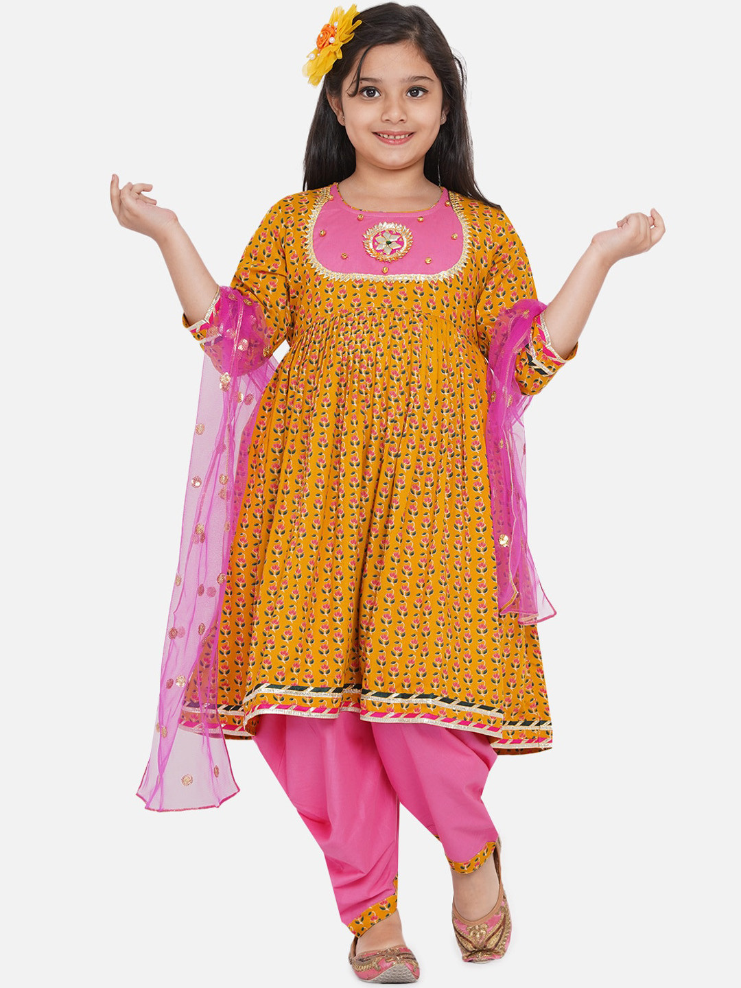 Little Bansi Girls Mustard Yellow & Pink Floral Print Kurta with Dhoti Pants & Dupatta