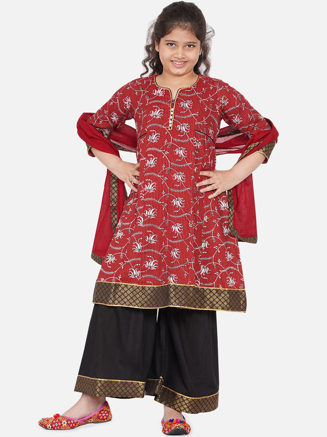 Little Bansi Girls Maroon & Silver Floral Print Kantha Work A-Line Kurta Sharara Dupatta