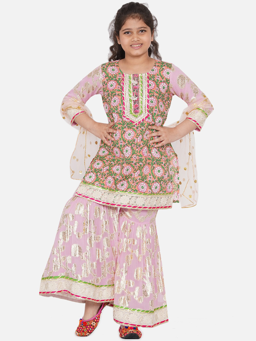 Little Bansi Girls Pink Floral Printed Kurti with Sharara & With Dupatta