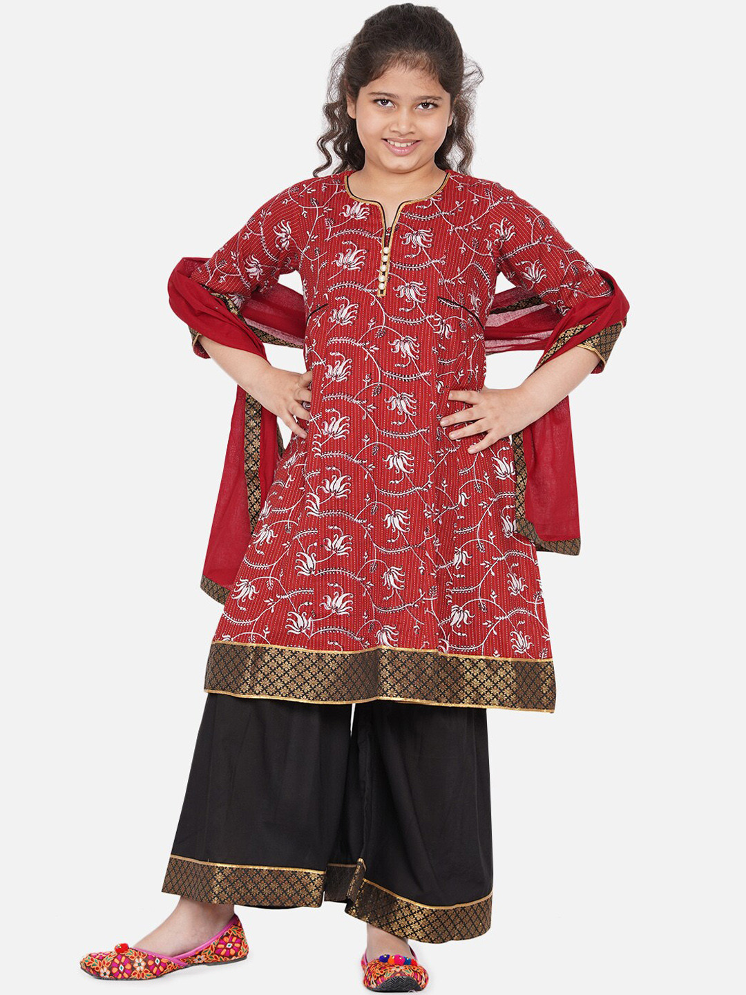 Little Bansi Girls Maroon & Black Floral Printed Kurta Set