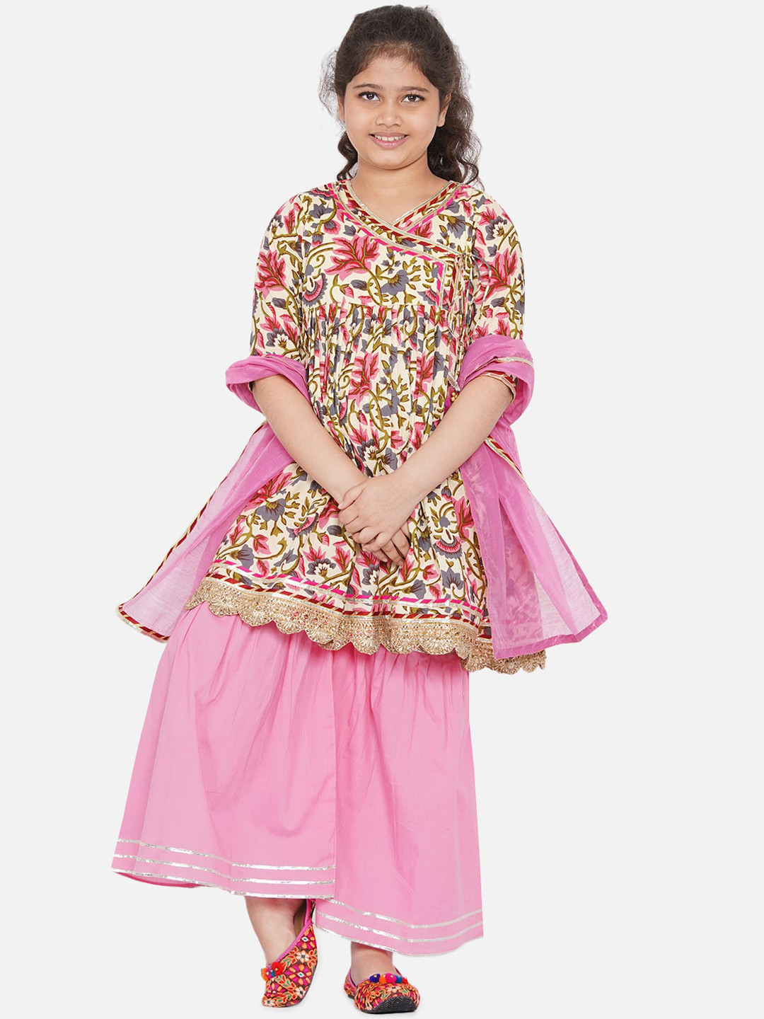 Little Bansi Girls Pink Floral Printed Angrakha Kurta Sharara Set With Dupatta