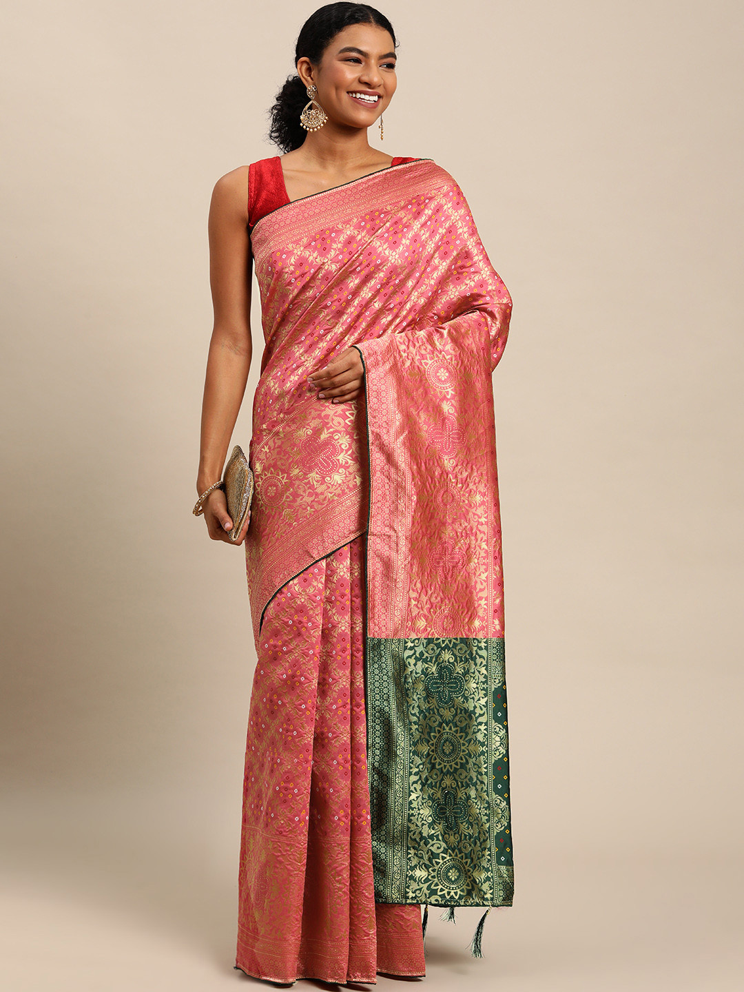 Leeza Store Pink & Gold-Toned Ethnic Motifs Zari Fusion Bandhani Saree
