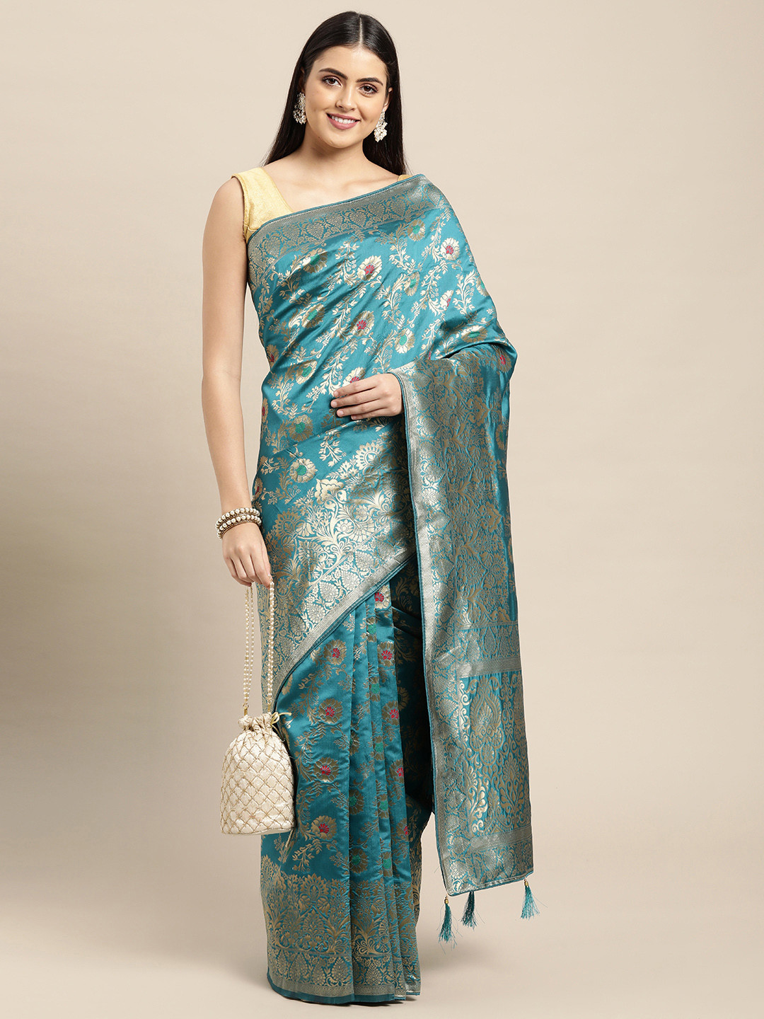 Leeza Store Turquoise Blue & Golden Ethnic Motifs Zari Silk Blend Banarasi Saree