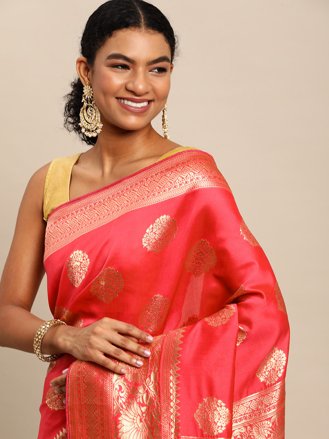 Leeza Store Peach-Coloured & Golden Ethnic Motifs Zari Silk Blend Banarasi Saree