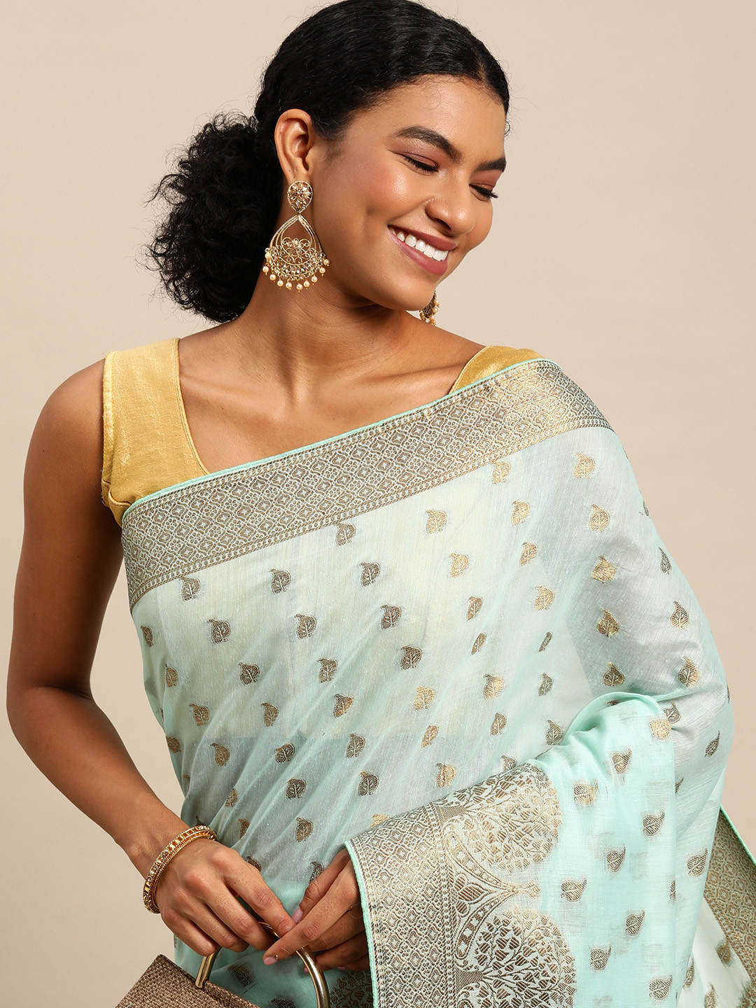 Leeza Store Blue & Golden Ethnic Motifs Zari Banarasi Saree