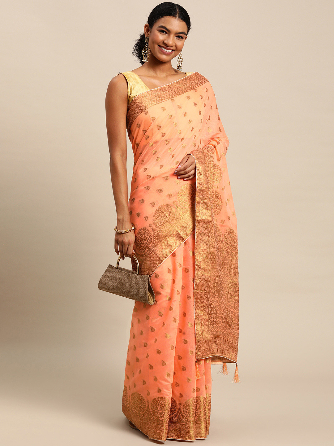Leeza Store Orange & Golden Ethnic Motifs Zari Banarasi Saree