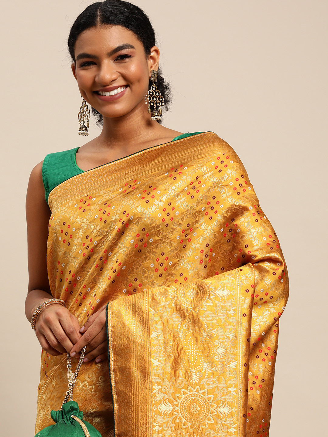 Leeza Store Mustard Yellow & Golden Ethnic Motifs Zari Bandhani Saree