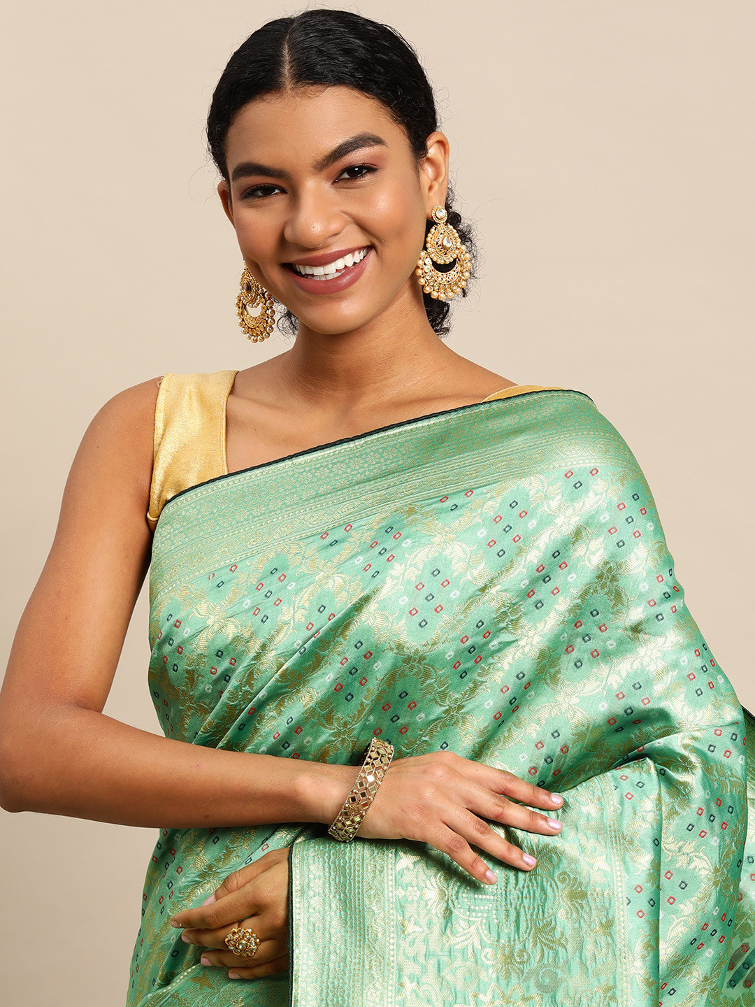 Leeza Store Sea Green & Golden Ethnic Motifs Zari Bandhani Saree