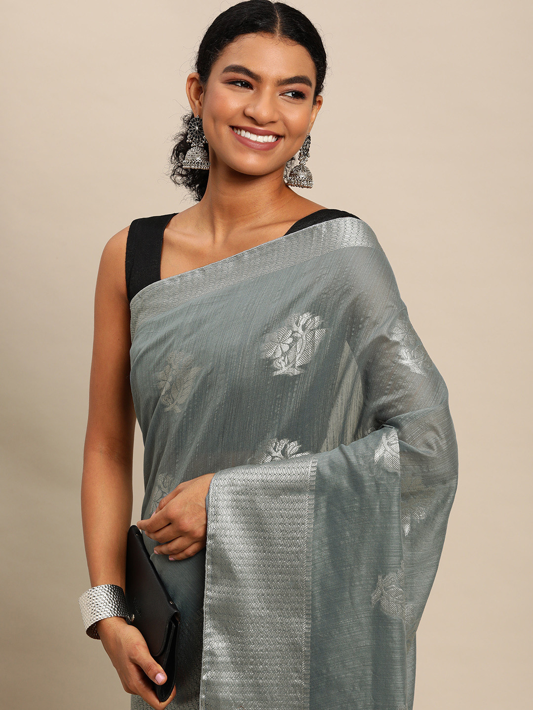 Leeza Store Grey & Silver Ethnic Motifs Zari Tissue Banarasi Saree