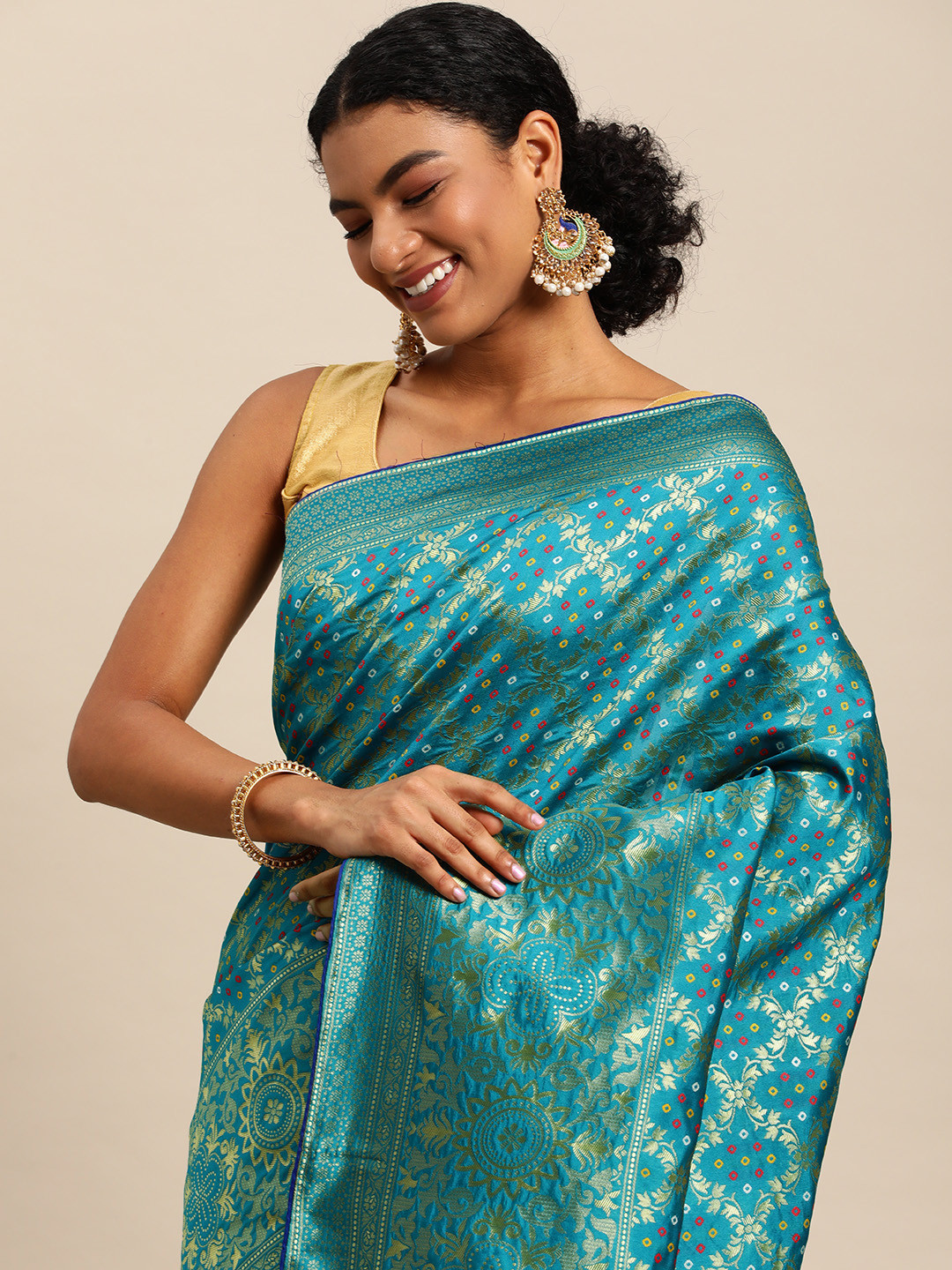 Leeza Store Blue & Gold-Toned Ethnic Motifs Zari Fusion Bandhani Saree