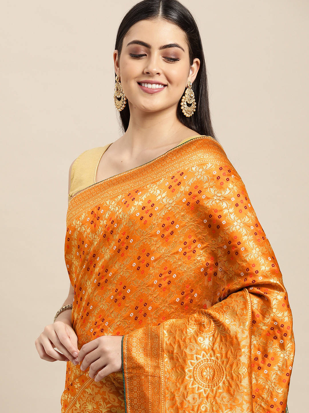 Leeza Store Orange & Golden Bandhani Zari Fusion Bandhani Saree