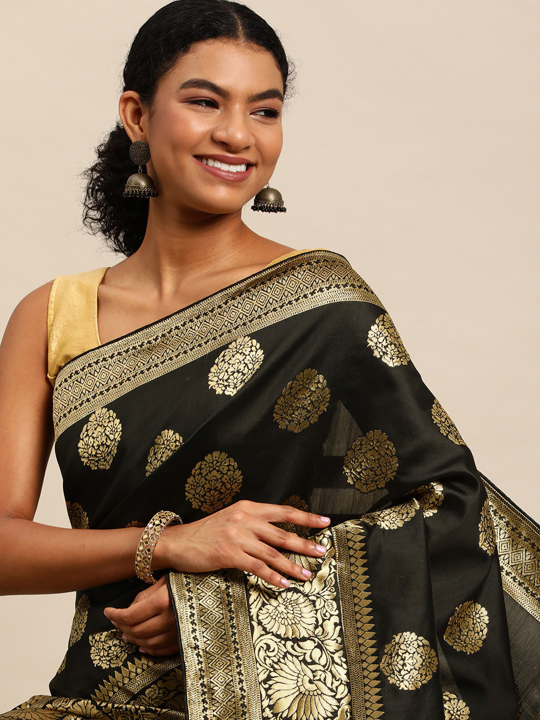Leeza Store Black & Golden Ethnic Motifs Zari Silk Blend Banarasi Saree