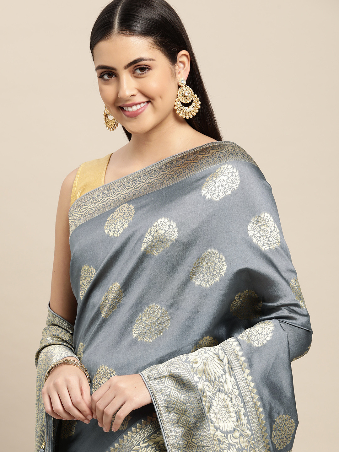 Leeza Store Grey & Golden Ethnic Motifs Zari Silk Blend Banarasi Saree