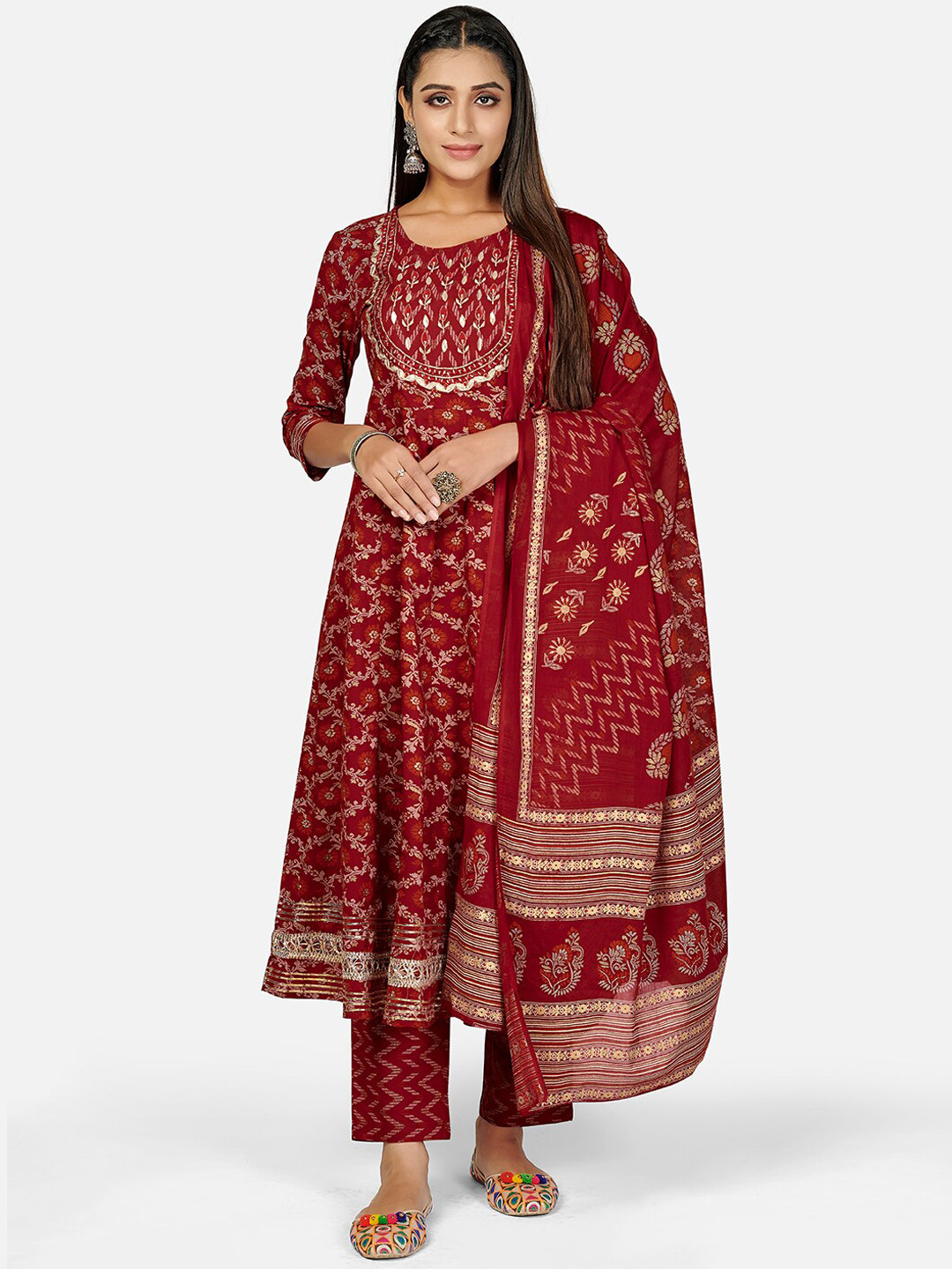 Vbuyz Women Red Ethnic Motifs Embroidered Layered Thread Work Pure Cotton Kurta Trouser Set With Dupatta