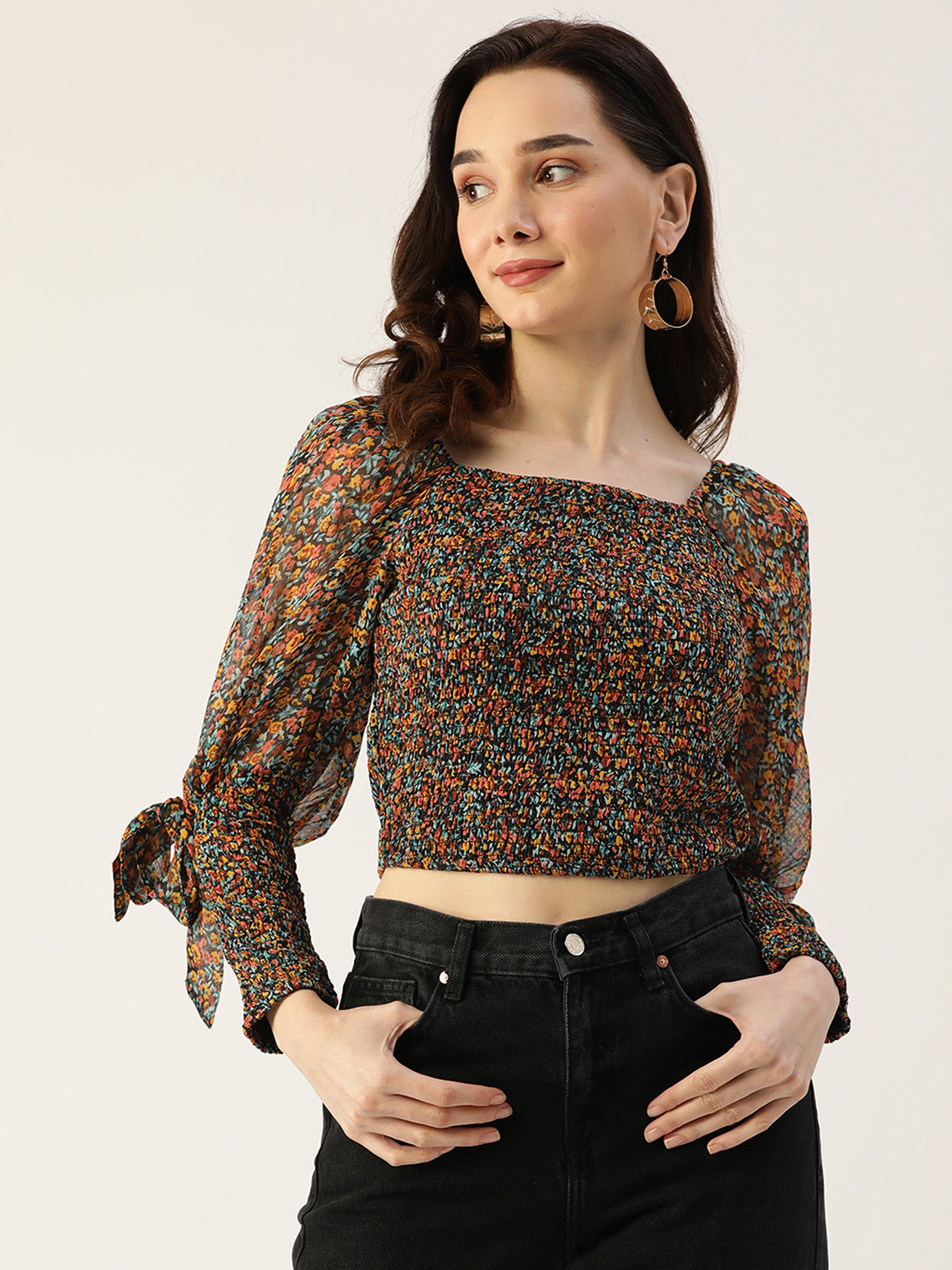 Antheaa Women Black & Blue Abstract Print Smocked Crop Top