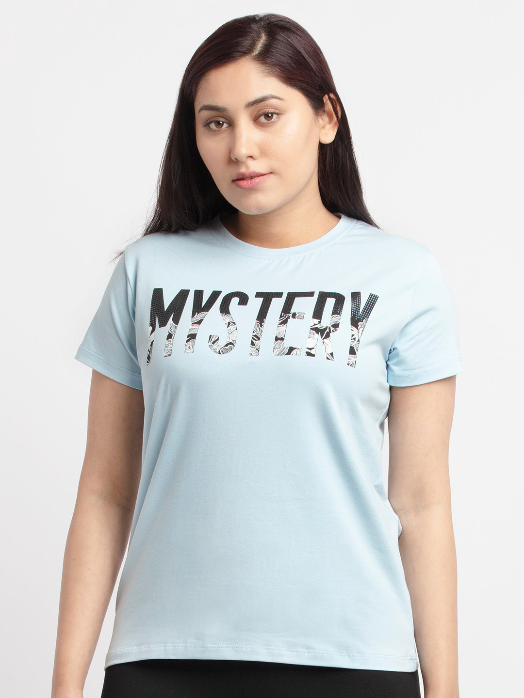 Status Quo Women Blue & Black Typography Printed Cotton T-shirt