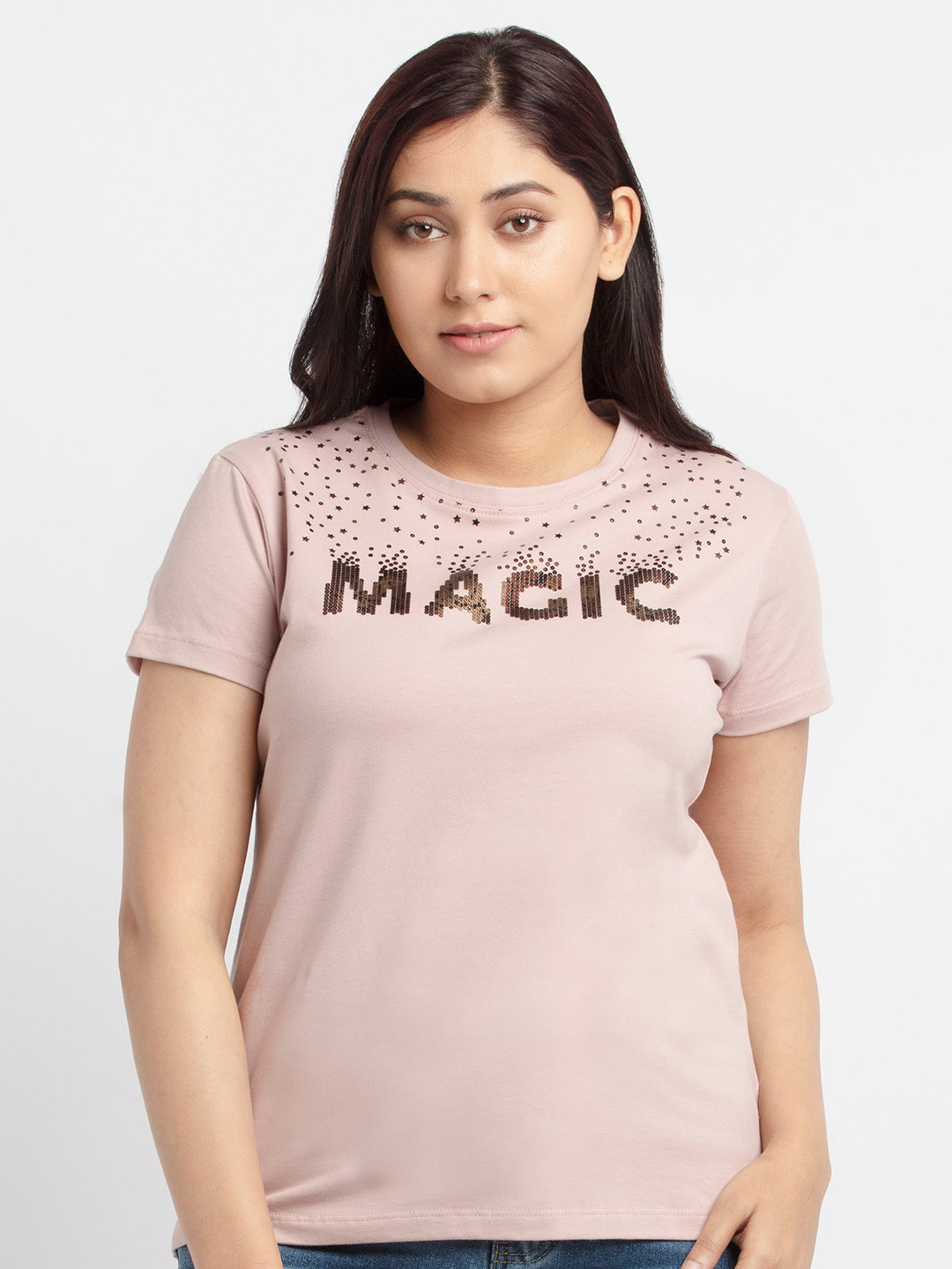 Status Quo Women Rose & Golden Typography Printed T-shirt