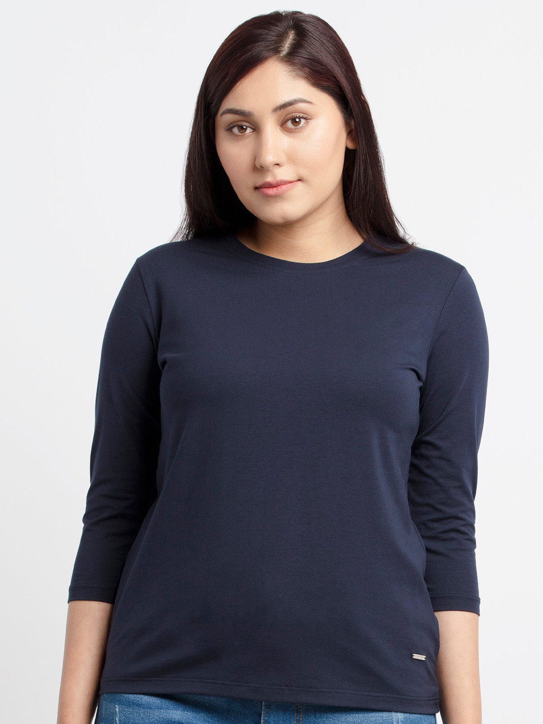 Status Quo Women Navy Blue Cotton T-shirt