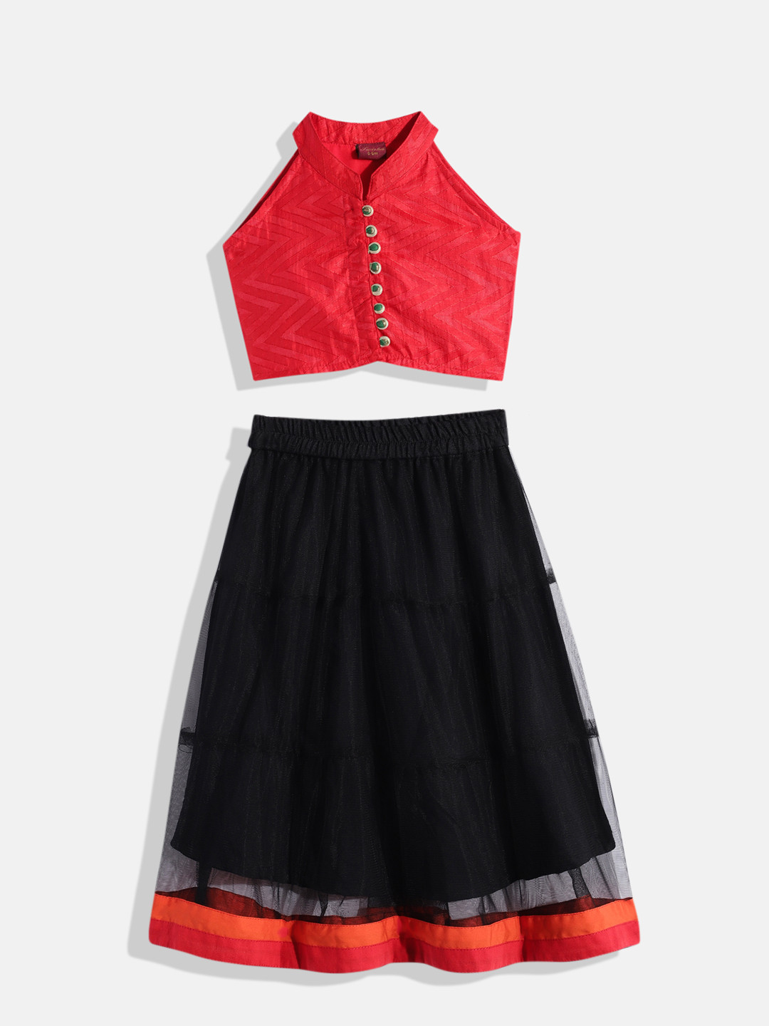 Twisha Girls Red & Black Top with Skirt