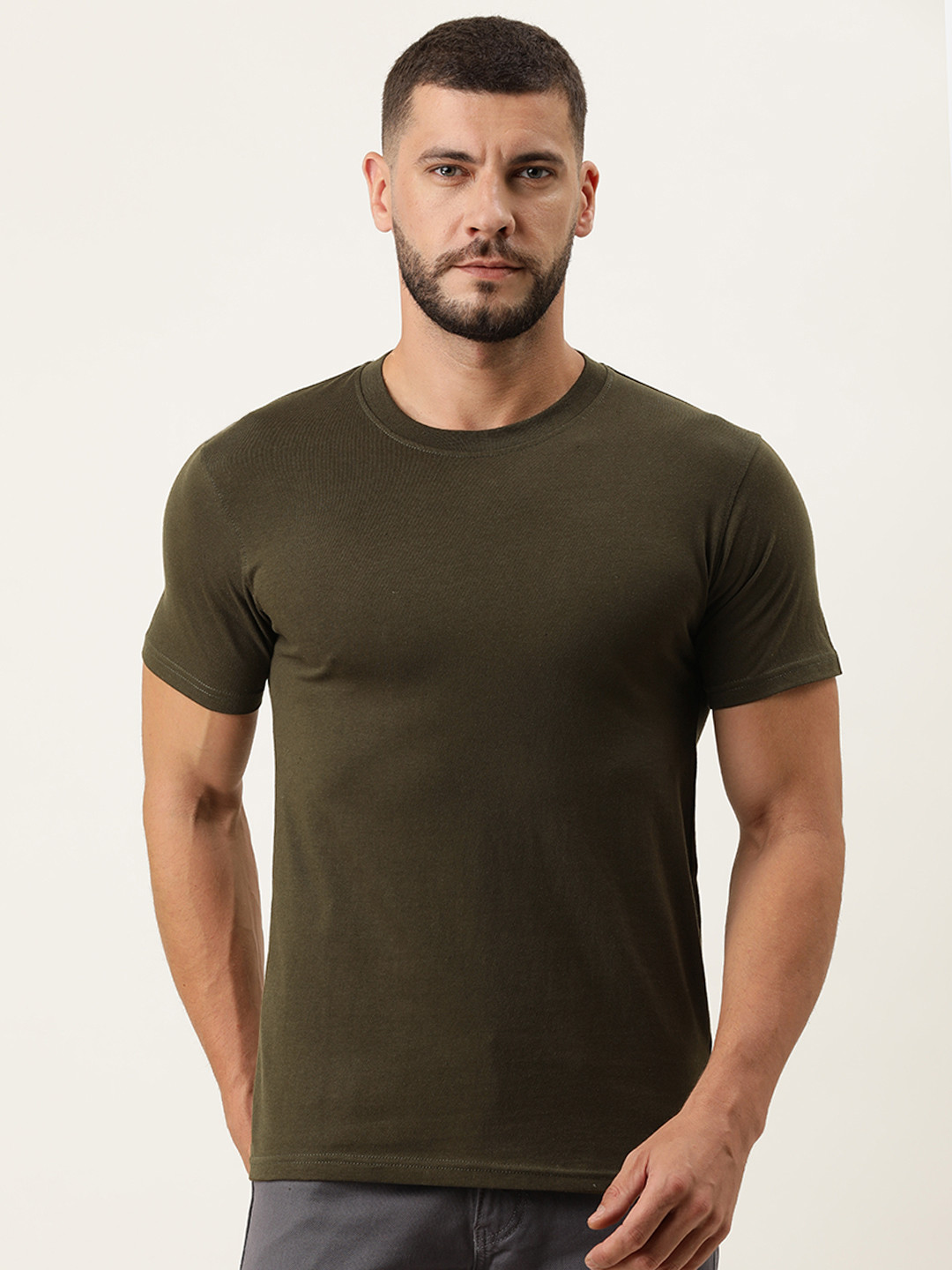 ARISE Men Olive Green Solid Pure Cotton T-shirt