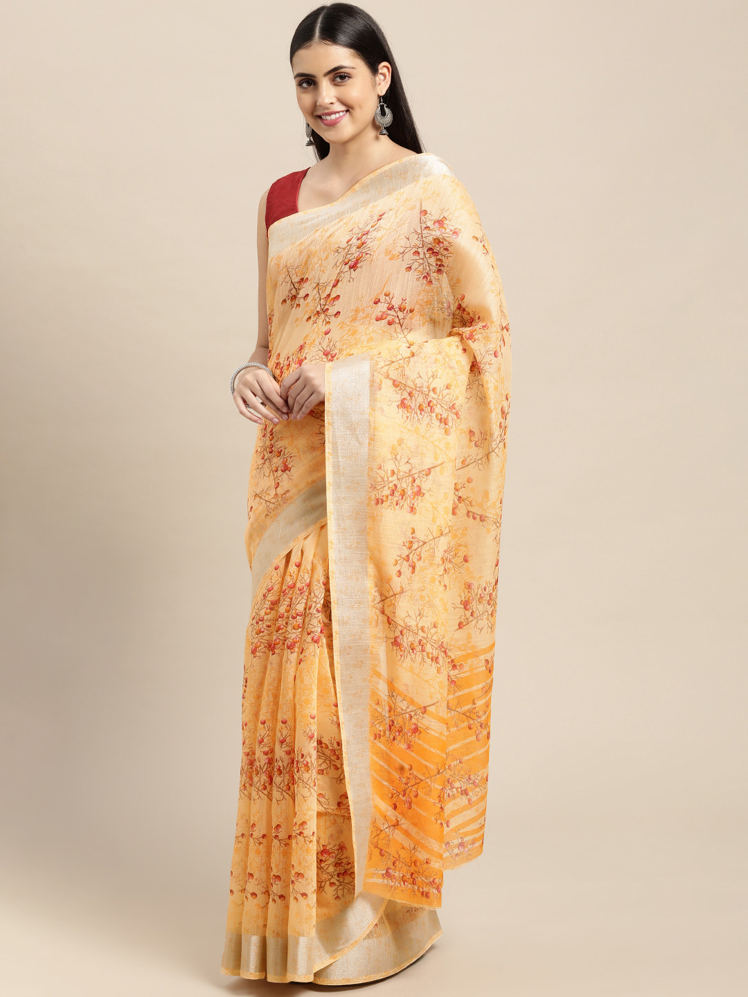 KALINI Yellow & Rust Floral Zari Saree