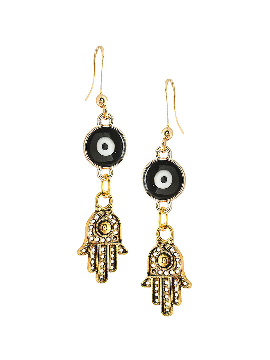 EL REGALO Gold-Plated Black Contemporary Evil Eye & Hamsa Drop Earrings