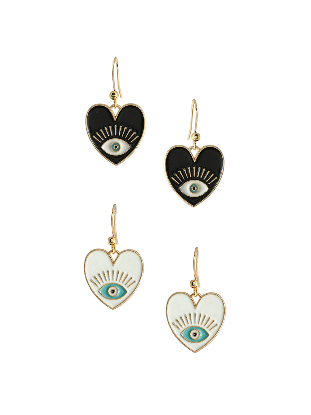 EL REGALO Gold-Plated Set of 2 Black & White Heart Shaped Drop Earrings