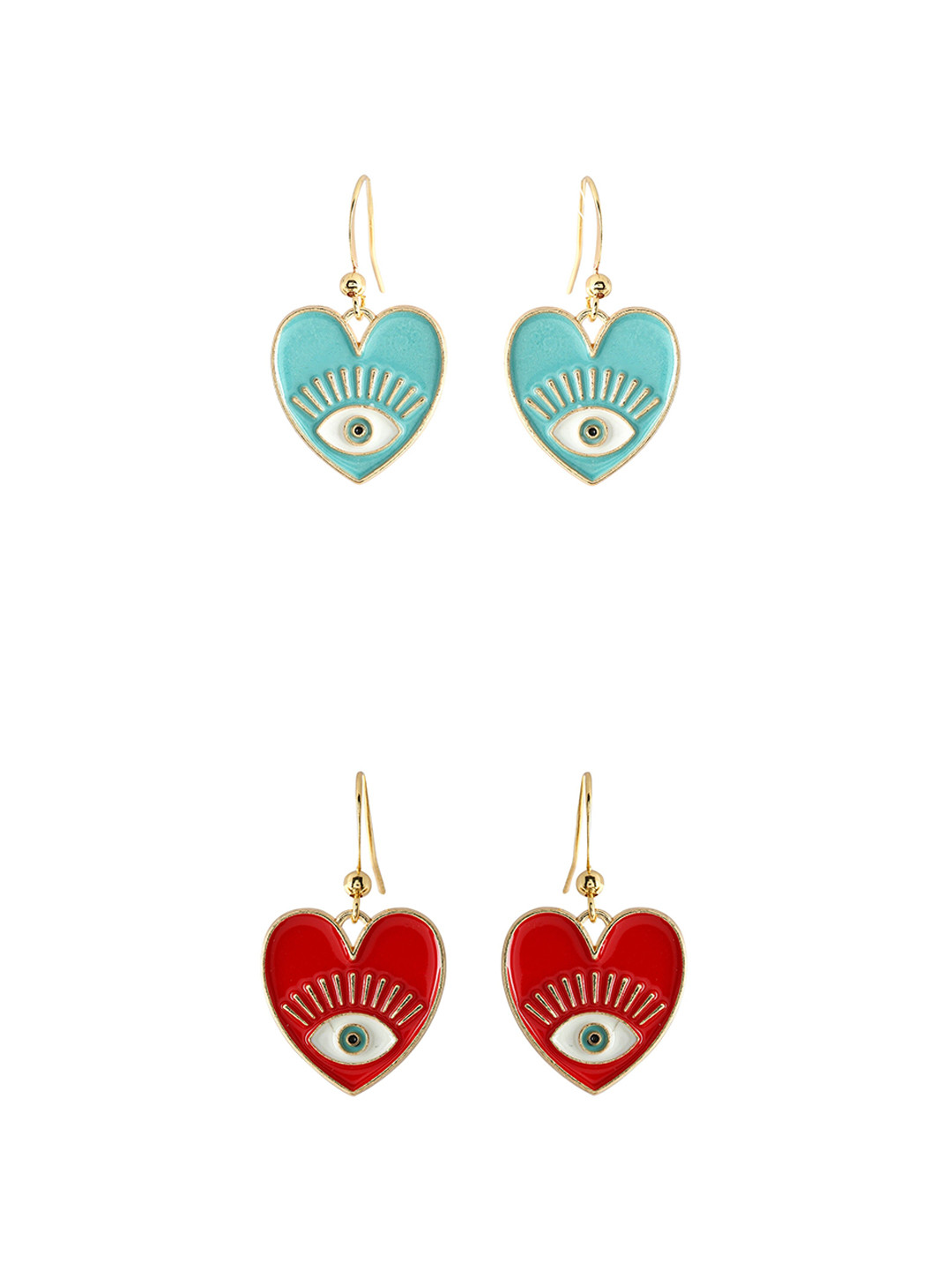 EL REGALO Set of 2 Red & Sea Green Gold Plated Heart Shaped Drop Earrings
